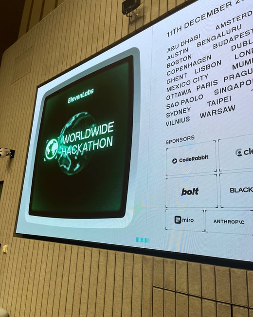 A photograph showing a large digital screen mounted on a beige, vertically paneled wall, displaying event information for the 'ElevenLabs Worldwide Hackathon,' including a list of global cities and various sponsor logos.