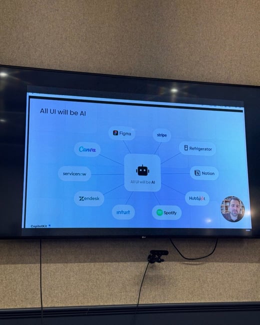 A photograph of a wall-mounted television screen displaying a presentation slide titled 'All UI will be AI', which features a diagram connecting various popular software logos to a central AI icon.
