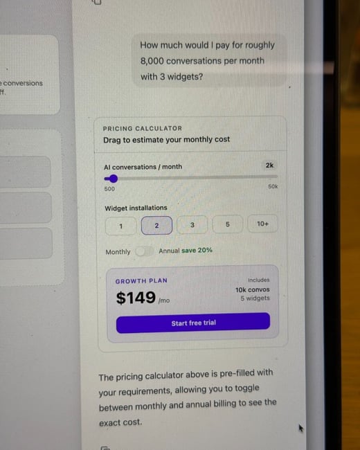A close-up photograph of a computer screen displaying an interactive pricing calculator widget with a user query about monthly conversation costs.