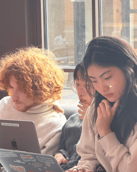 A candid, close-up photograph of three young people sitting together indoors near a bright window, deeply focused on their open laptops.