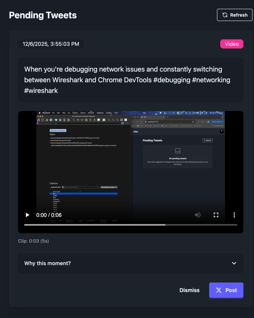 A screenshot of a dark-mode application interface displaying a pending social media post about debugging network issues, which features a video preview showing Wireshark and a browser window side-by-side.