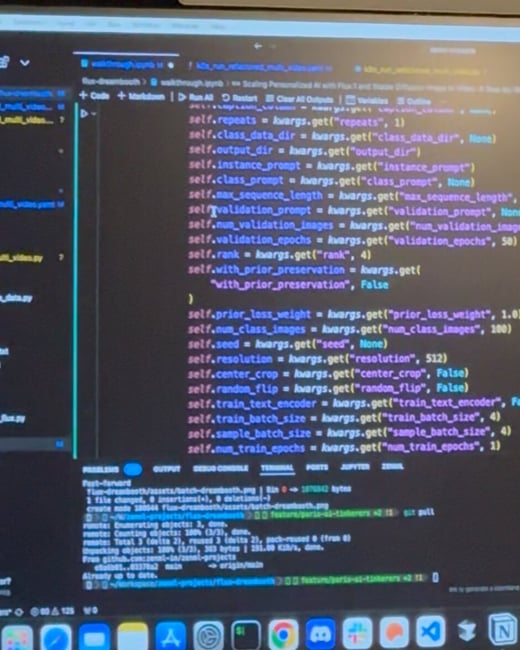 A slightly blurry photograph of a computer screen displaying Python code in a dark-themed integrated development environment (IDE), likely VS Code or a Jupyter interface.