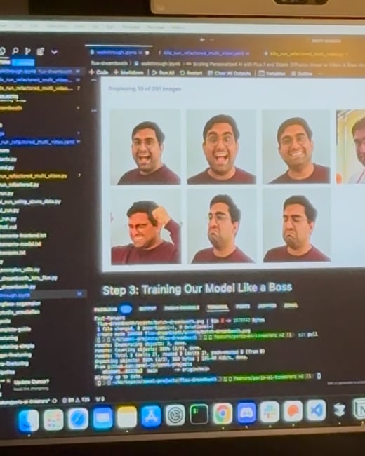 A photograph taken in a dark room showing a large screen projecting a computer interface, likely a Jupyter notebook, during a technical presentation on training an AI model, featuring six images of a man making various facial expressions.