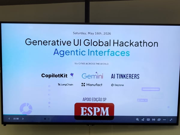 A photograph of a television screen displaying a presentation slide for the 'Generative UI Global Hackathon: Agentic Interfaces' event.