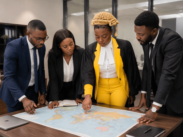 Four diverse professionals, including a lawyer in a traditional wig and yellow suit, examine a world map laid out on a table.