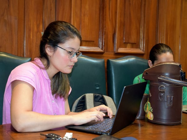 A woman in a pink shirt is focused on her laptop while sitting at a wooden table in a room with wood-paneled walls.