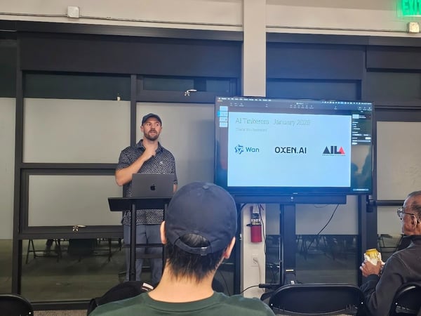 A photograph capturing an indoor presentation where a male speaker, wearing a baseball cap, stands at a lectern with a laptop, addressing an audience. A large screen behind him displays a slide titled "AI Tinkerers - January 2026" featuring sponsor logos.
