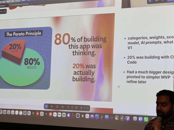 A man is giving a presentation, showing a slide that applies the Pareto Principle to app development, featuring a pie chart and bulleted text.