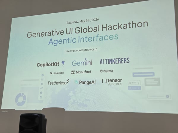 A photograph of a presentation slide projected onto a wall, announcing the 'Generative UI Global Hackathon: Agentic Interfaces' event.