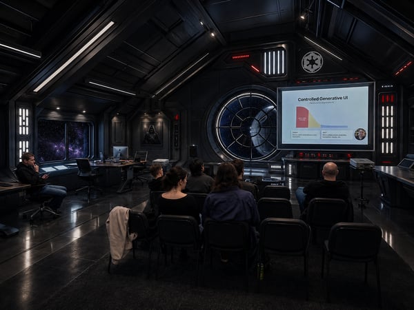 A group of people in a dark, futuristic room with a Star Wars Imperial aesthetic are watching a presentation about 'Controlled Generative UI' on a large screen.