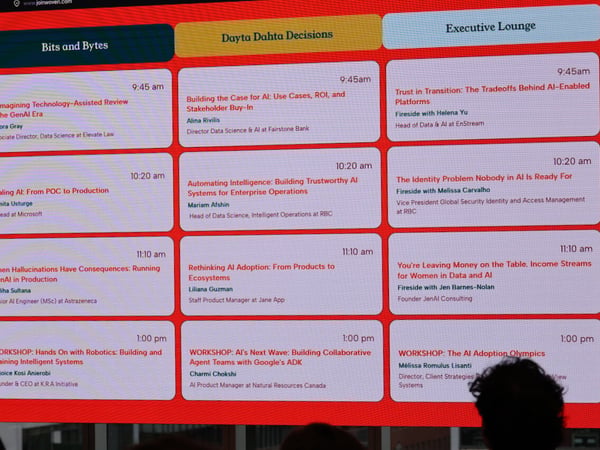 A photograph of a large digital screen displaying a conference schedule divided into three tracks: 'Bits and Bytes', 'Dayta Dahta Decisions', and 'Executive Lounge'.