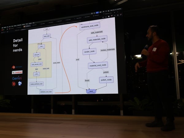 A man in a dark red shirt is giving a technical presentation, standing next to a large screen displaying a complex workflow diagram labeled 'Detail for nerds' in a dimly lit room with a nighttime city view visible through the windows.