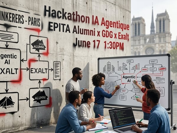A group of people collaborates on a technical project outdoors in Paris, using a whiteboard and laptop in front of a concrete wall featuring AI-themed diagrams and event details.