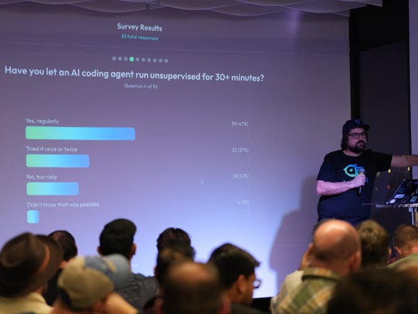 A photograph captures a speaker presenting survey results on a large screen to an audience in a darkened room, focusing on a question about running AI coding agents unsupervised.