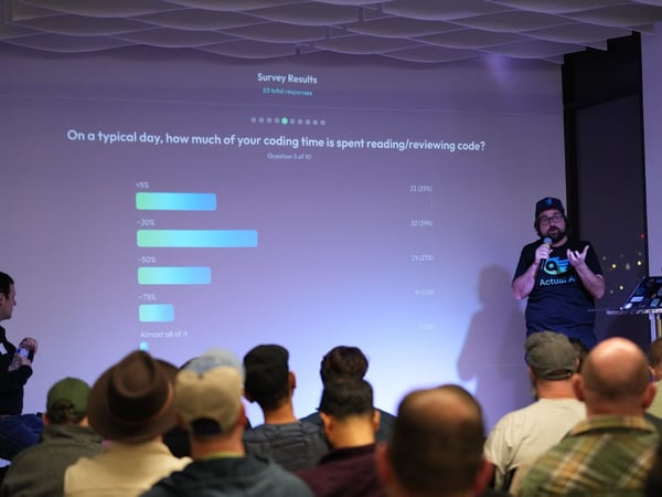 A photograph capturing an indoor technical presentation where a speaker is addressing an audience in a dimly lit room, standing next to a large screen displaying survey results about coding time spent reading/reviewing code.