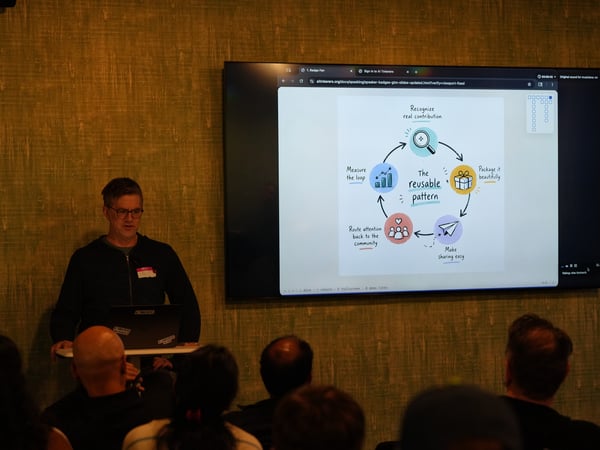 A presenter stands next to a large digital screen displaying a diagram about 'The reusable pattern' to an audience.