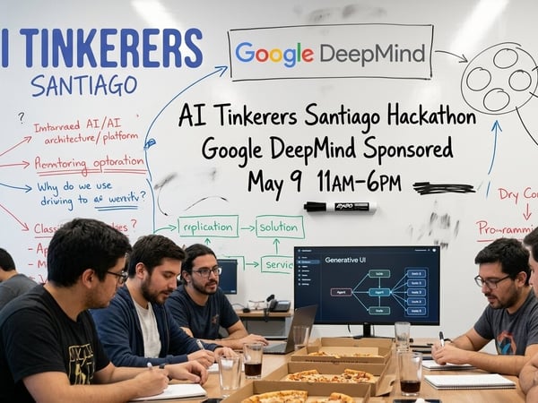 A group of men are gathered around a table with pizza, focused on a computer screen displaying a technical diagram, with a whiteboard full of notes and logos behind them.