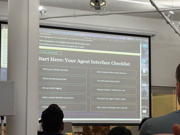 A photograph showing a presentation slide titled 'Start Here: Your Agent Interface Checklist' projected onto a screen in an indoor setting with people in the foreground.