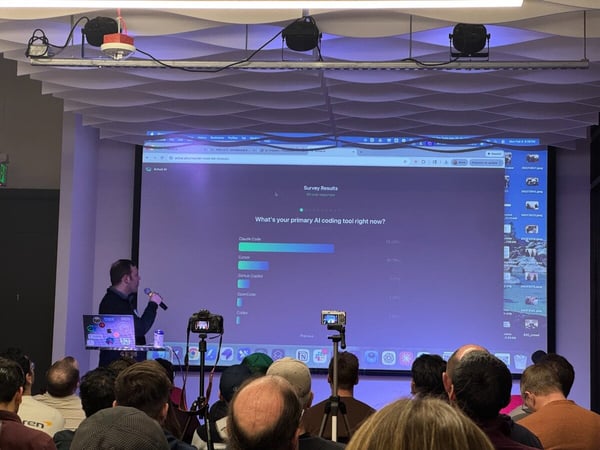A man is giving a presentation to an audience, displaying a bar chart of survey results about primary AI coding tools on a large screen.