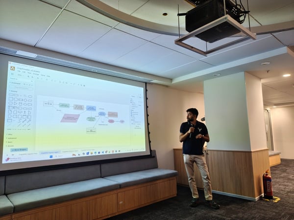 A man stands in an office or conference room giving a presentation, holding a microphone while a technical flow chart diagram is displayed on a large projector screen behind him.