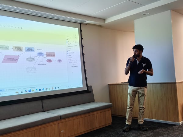 A man is standing in an office or conference room, giving a presentation while holding a microphone, with a large projection screen beside him displaying a technical flowchart diagram.