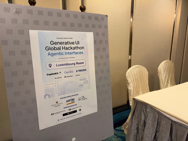 A photograph showing an event sign on an easel in a room, announcing the 'Generative UI Global Hackathon' taking place in the Luxembourg Room.