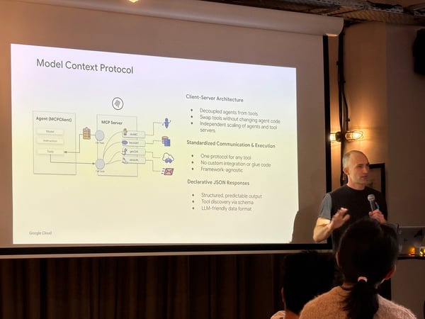 A man is giving a presentation about the 'Model Context Protocol' in front of a projector screen displaying a technical diagram and bullet points.
