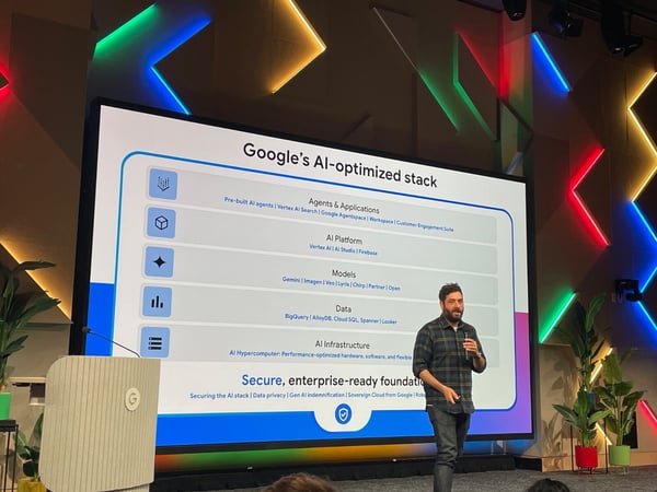 A man wearing a plaid shirt is giving a presentation on a stage, standing next to a large screen displaying a slide titled "Google's AI-optimized stack."