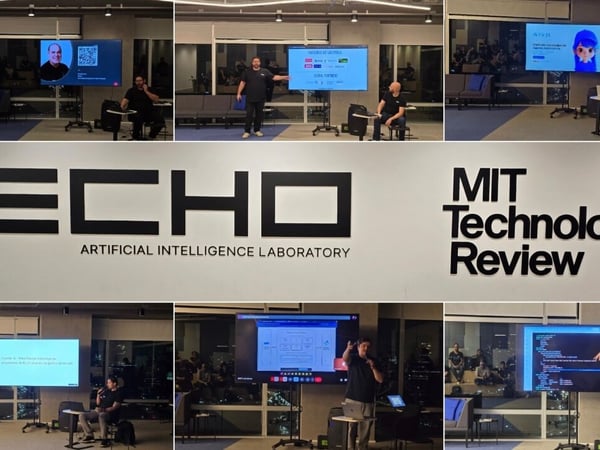A grid collage featuring six photographs documenting a technology presentation event taking place indoors at night, interspersed with large wall signage for "ECHO ARTIFICIAL INTELLIGENCE LABORATORY" and "MIT Technology Review."