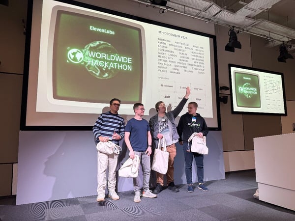 A photograph taken indoors shows four men standing on a stage in front of a large projection screen displaying details for the ElevenLabs Worldwide Hackathon, including the date, participating cities, and sponsors. The men appear to be participants or winners, holding white tote bags, with one man raising his hand.