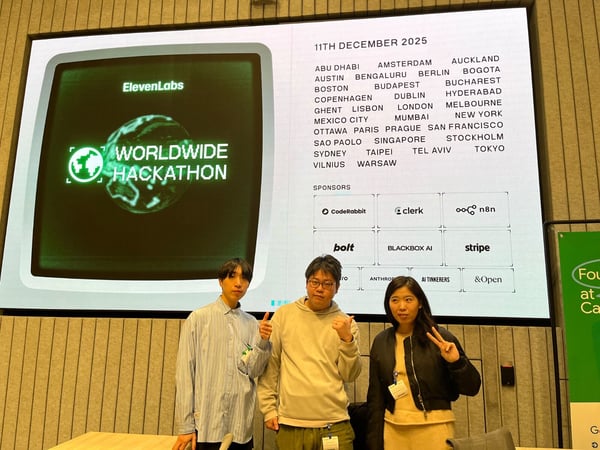 A photograph of three young adults posing in front of a large screen displaying information for the "ElevenLabs WORLDWIDE HACKATHON," including the date (11th December 2025), a list of participating cities, and various sponsors.
