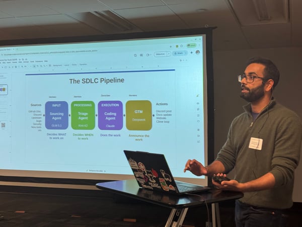 A man with glasses and a beard is standing next to a projector screen, presenting a slide titled 'The SDLC Pipeline' while gesturing towards his laptop.