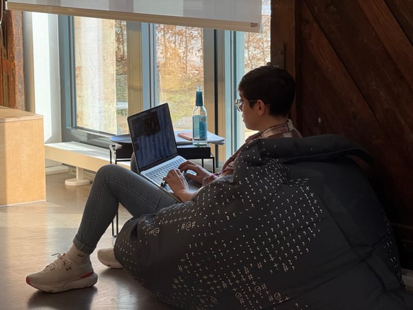 A person is sitting on a large, patterned beanbag chair while working on a laptop in a bright indoor space near a window.