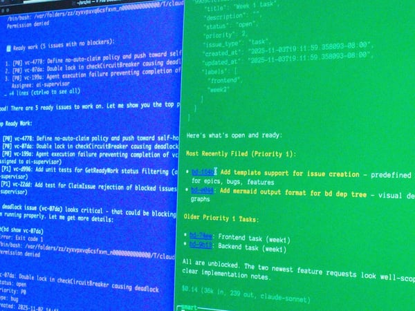 A close-up photograph of a computer monitor displaying technical text, split into two high-contrast sections: a blue terminal window on the left showing issue tracking output, and a bright green window on the right detailing tasks in a structured format.