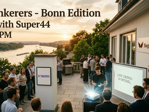 A group of people attending an 'AI Tinkerers - Bonn Edition' event on a terrace overlooking a river at sunset, featuring a BBQ and a live AI model demo.