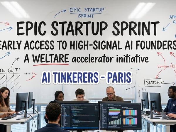 A group of people working on computers in a modern office space, positioned in front of a large whiteboard featuring text about an 'AI Tinkerer' startup event in Paris.